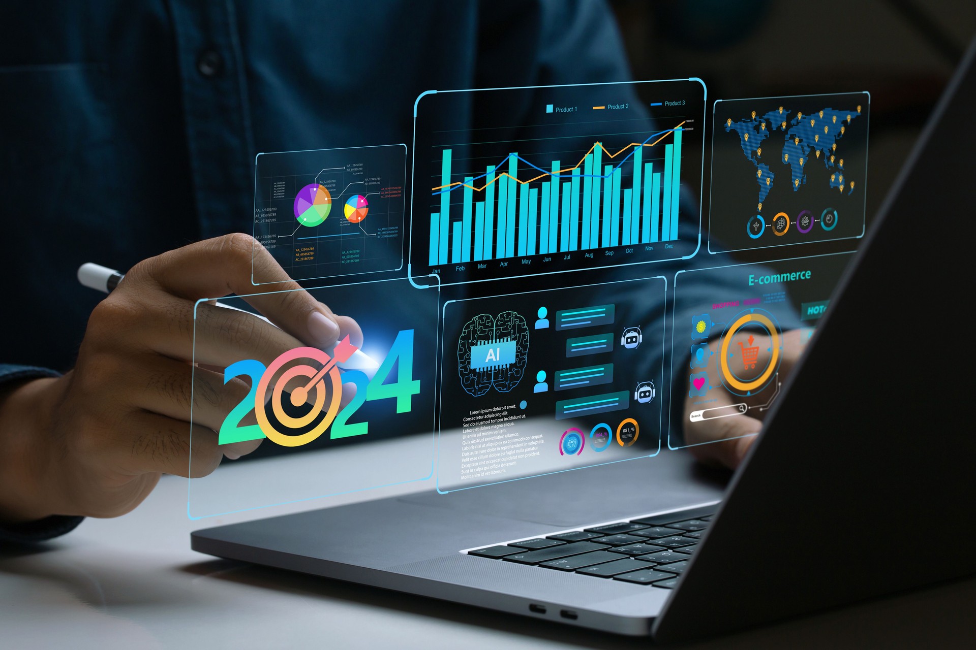 Empresário trabalha em laptop Mostrando painel de tendências de negócios de 2024 com gráficos, métricas, IA, E-commerce, KPI. empresário analítico planejando o crescimento do negócio em 2024. Ano Novo Futuro business tech.